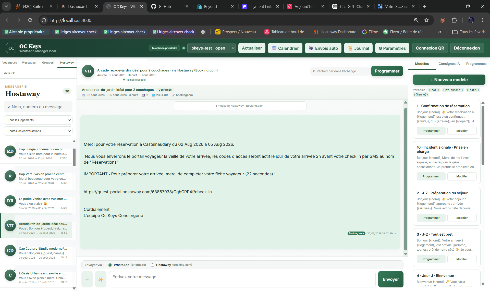 Application Subooster d'OC Keys : conversations WhatsApp et Hostaway centralisées avec modèles de messages IA et envois automatiques